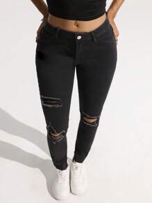 SHEIN EZwear 女式口袋破洞紧身休闲百搭牛仔裤 - 黑色 - 查看 4