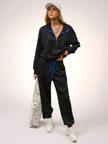 Tropiluxe 2pcs/Set Women Contrast Trim Zip-Up Long Sleeve Top & Drawstring Long Pants Casual Suit Tracksuit For Sport Wear