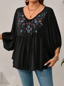 EMERY ROSE Plus Size Women Boho Floral Embroidered Lantern Sleeve Loose Smock Blouse,Summer,Vacation Summer Baggy Beach - Black - View 5