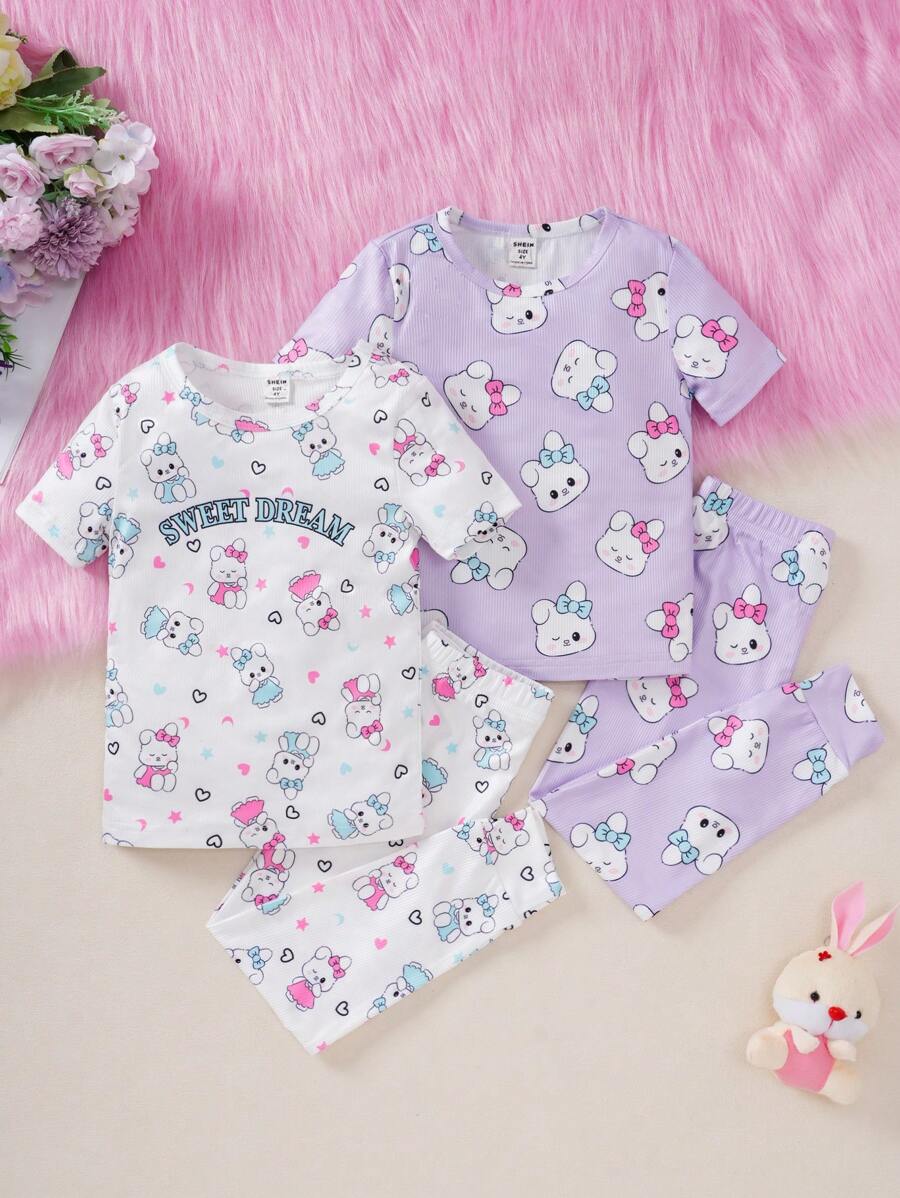 4pcs/Set Young Girl Cute Cartoon Hello Rabbit Print Short Sleeve Top And Tight Pants Home Outfit - Multicolor - View 1