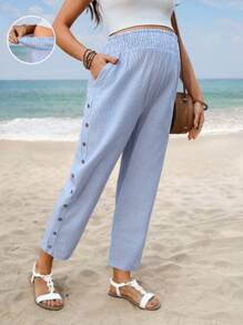 SHEIN Maternity Casual Striped Drawstring Waist Pants - Blue and White - View 6