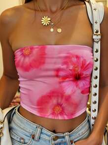 SHEIN EZwear 女士休闲花卉印花抹胸短款上衣，适合夏季