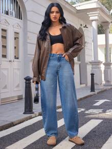 SHEIN Essnce Jeans de pierna ancha y cintura media versátiles y de moda para mujer - Lavado ligero - Ver 3