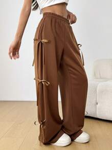 SHEIN EZwear 甜美可爱的粉色蝴蝶结抽绳运动裤，春夏 - 鏽棕色 - 查看 3