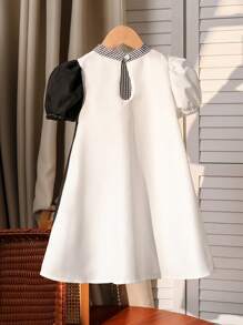 SHEIN Young Girls Elegant Commuter Casual Countryside Lady Princess Earth-Tone Tartan Patchwork Dress For Young Girl, Suitable For Summer, Picnic & Outing,Holiday,Summer,Travel - Black and White - View 2