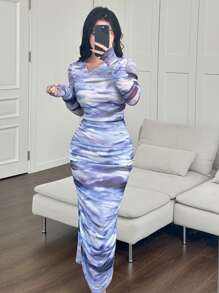 Modelyn Váy bó sát tay lưới co giãn nhuộm loang cho nữ, thiết kế thanh lịch - Màu xanh lam - Xem 4