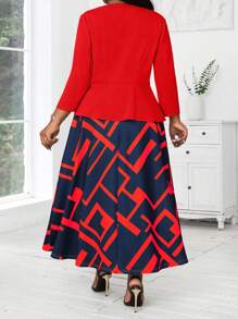 SHEIN Lady 大码拼色几何印花连衣裙和西装外套两件套，女士教师工作服，秋季