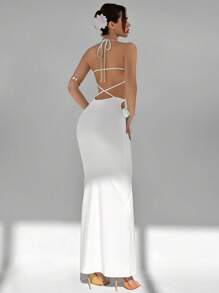 Aloruh Women's Sexy Backless Dress With 3D Floral Decor - White - View 3