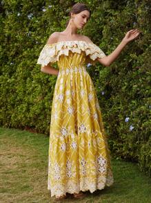 Anewsta 时尚镂空刺绣优雅露肩短袖蕾丝花卉印花连衣裙，适合节日、外出、度假、春季 - 黃色 - 查看 7