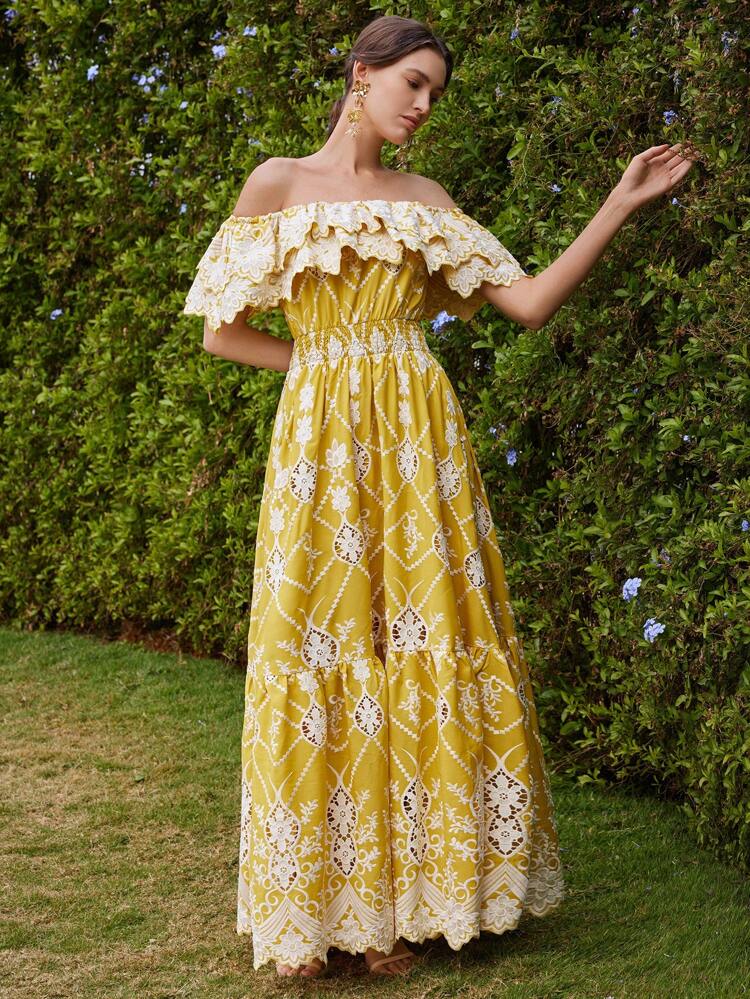 Fashionable Hollow Out Embroidery Elegant Off Shoulder Short Sleeve Lace Floral Print Dress, Suitable For Festival, Going Out, Vacation, Spring