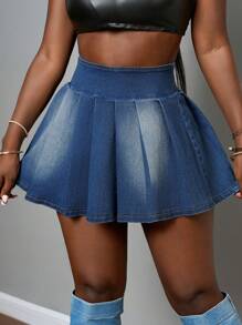 Slaydiva New Spring And Summer Casual Street V-Shaped Waist Pleated Whiskers Dark Blue Super Mini Skirt Women's Denim Skirt-EE - Dark Wash - View 3