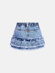 SHEIN 女婴可爱粉色蝴蝶结蓝色牛仔裙，女童春夏休闲度假乡村波西米亚风装，女童沙滩装，女童节日 - 淺色水洗藍 - 查看 2