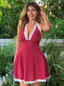 Flirla Đầm hở lưng chấm bi ren thanh lịch cỡ lớn, phong cách nghỉ dưỡng - Đỏ - Xem 5