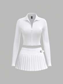 SHEIN ICON 白色女士服装纯色 Y2k 外出开衫上衣和褶腰不对称裙子套装，日常穿着，运动风格 - 白色 - 查看 1