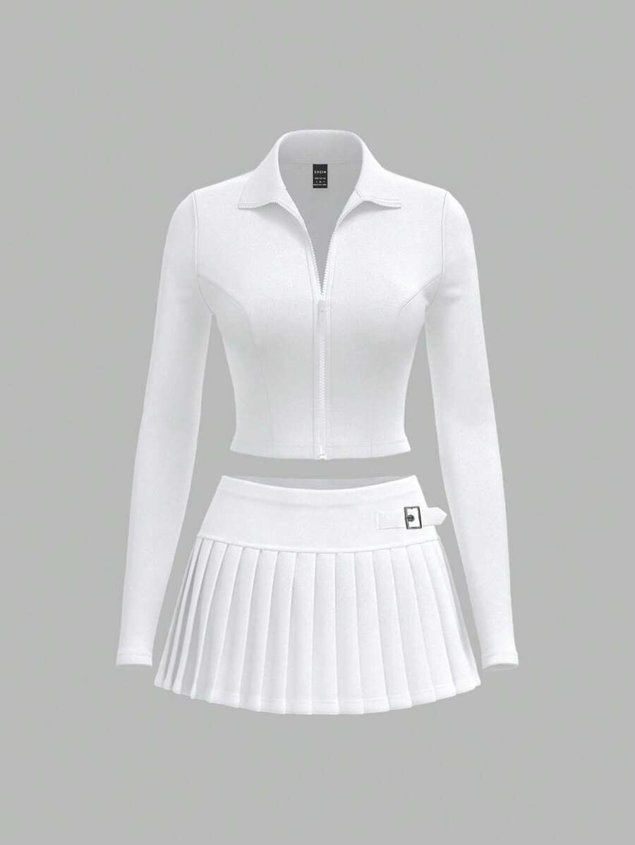 SHEIN ICON 白色女士服装纯色 Y2k 外出开衫上衣和褶腰不对称裙子套装,日常穿着,运动风格 - 白色 - 查看 1