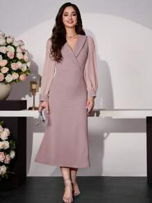 Modelyn Damen entworfenes Mini-Kleid mit Mandarinkragen und Laternenärmeln mit Schlitz - Pink - Übersicht 5