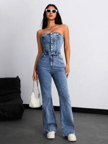 Jeanoix 女士休闲牛仔连体裤，简约时尚日常穿着 - 中等水洗藍 - 查看 3