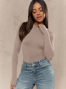 MISSGUIDED Body de manga larga cuello redondo de punto - Camel - Ver 3