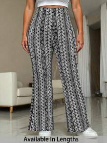 SHEIN PETITE CURVE Allover Print Slim Fit Knitted Flared Summer Beach Women Hippie Pants Women Summer Outfits - Multicolor - View 7