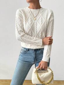 SHEIN LUNE Argyle Pattern Cable Knit Sweater Knit Pullover Fall Winter - White - View 6