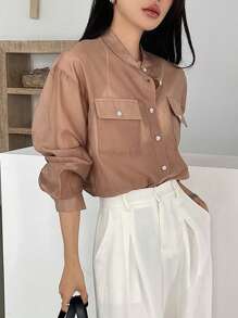 FRIFUL 女士橙色宽松休闲纽扣衬衫，商务休闲风格，春夏长袖上衣 - 橘色 - 查看 4