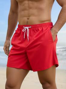 Manfinity Swimmode Shorts de playa casuales y sencillos de unicolor para hombre, uso diario de moda - Rojo - Ver 5