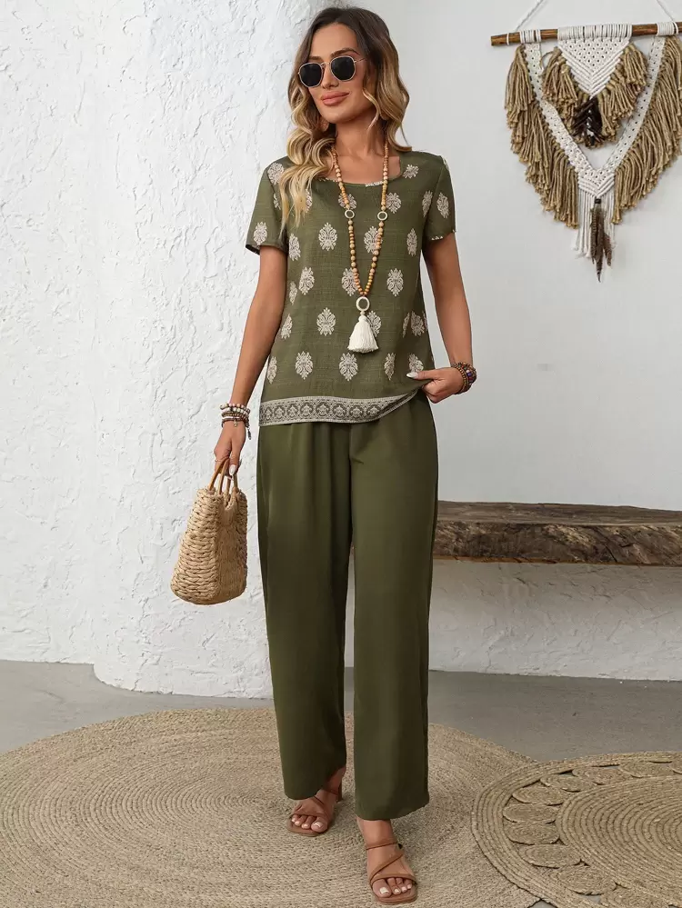 2pcs Women Print Short Sleeve Top & Straight Leg Pants Set, Casual Daily Outfit, Spring/Summer