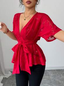 Elenzga 优雅性感红色网眼提花深 V 领短袖收腰蝴蝶结前襟女式衬衫 - 紅色 - 查看 6
