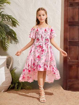 2pcs/Set Tween Girls Digital Floral Print Vacation Style Camisole Top And Skirt Set