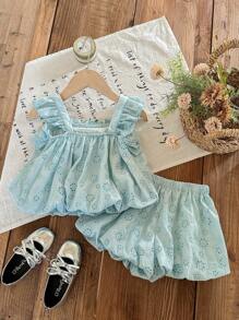 SHEIN LMoss Kids Babygirl schattige zomer vakantie bloemen borduurwerk ruche rand camisole en shorts set