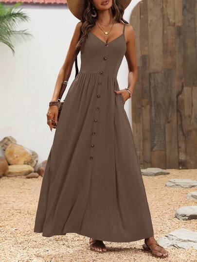 Breezaya 吊带 V 领休闲连衣裙，配有超大 A 字形海滩风格长款度假海滩装女士