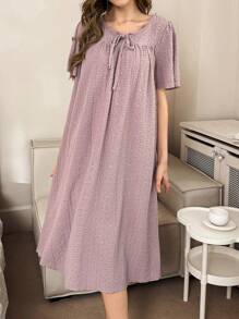 Women's Loose Texture Jacquard Round Neck Drawstring Nightgown
