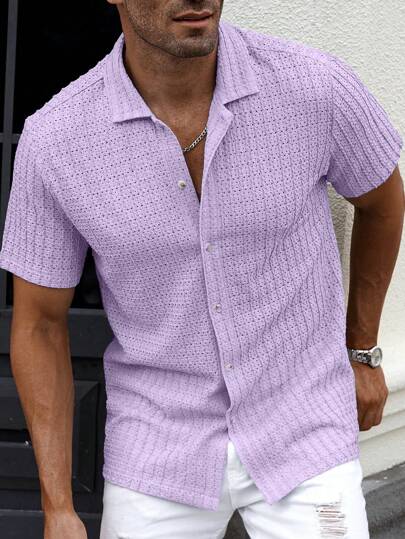 Manfinity Homme 男士纯色休闲纹理网眼领短袖衬衫，夏季男士夏季衬衫男士漂亮衬衫男士修身衬衫男士服装男士衬衫男士服装男士衬衫