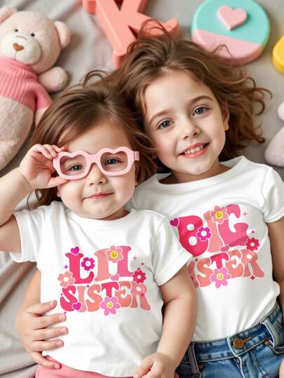SHEIN Matching Sister Set, Cute Smiling Face, Floral, Letter "BIG SISTER" Graphic Young Girls Casual Short Sleeve T-Shirt For Summer
