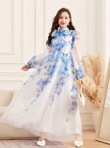 SHEIN 少女蓝白立领灯笼袖连衣裙，配大蝴蝶结、花卉印花和欧根纱面料，优雅 - 藍白色 - 查看 5