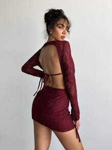 Aloruh Women's Sexy Elegant Deep Ruffle Neck Backless Slim Fit Lace Mini Dress Burgundy Holiday Prom Dress Night Out Date Night Autumn - Burgundy - View 2