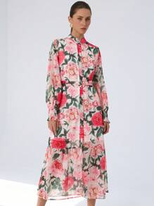 Aveloria Modichic 优雅通勤立领雪纺花卉印花拼色褶皱腰前扣长袖连衣裙 - 彩色 - 查看 6