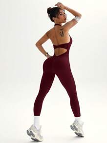 Slayform 女士纯色露背工字背连体裤，日常健身和运动服装 - 酒紅色 - 查看 4