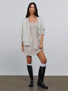 Athîral 女士碎花印花褶饰腰部罩衫连衣裙，夏季/度假/复活节 - 卡其色 - 查看 3