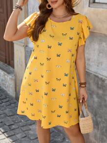 SHEIN VCAY Plus Size Casual Butterfly Print Cap Sleeve Dress - Multicolor - View 1