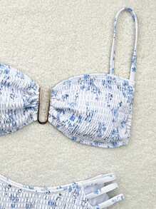 SHEIN Swim Springbreak Women Beachwear Summer Outfits, New Ditsy Floral Spaghetti Strap Tie Front 2-Piece Bikini Swimsuit For Women - Blue and White - View 3