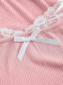 SHEIN MOD Plus Size Green Vintage Style 2 In 1 Lace Bow Drawstring Short Sleeve T-Shirt