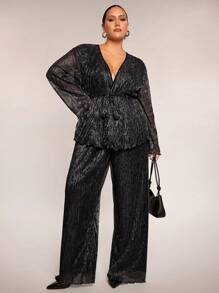 SHEIN BAE Plus Size Women 2 Pieces Set, Loose Black & Silver Long Sleeve Top And Wide-Leg Pants, Suitable For Casual Wear, Night Out, Date, Party, Afternoon Tea, Concert - Black - View 5