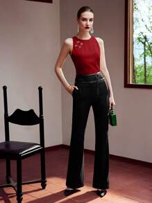 MOTF PREMIUM FAUX PEARL BUTTON JACQUARD TANK TOP - Red - View 5