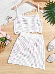 SHEIN Swim Women 2 Pieces Set: Solid White Crochet Hollow-Out Tank Top And Skirt For Summer Beach Vacation - White - View 2