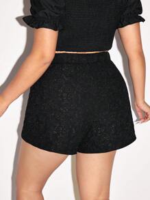 SHEIN ICON Plus Size Women's Fashionable Black Palace Style Jacquard Shorts - Black - View 2