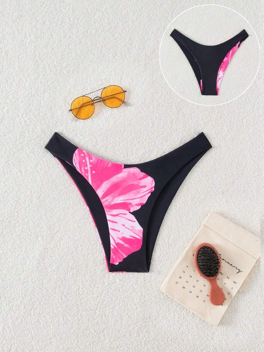 Swim Vcay Flower Print Bikini Bottom For Summer Beach Vacation - Black - View 1