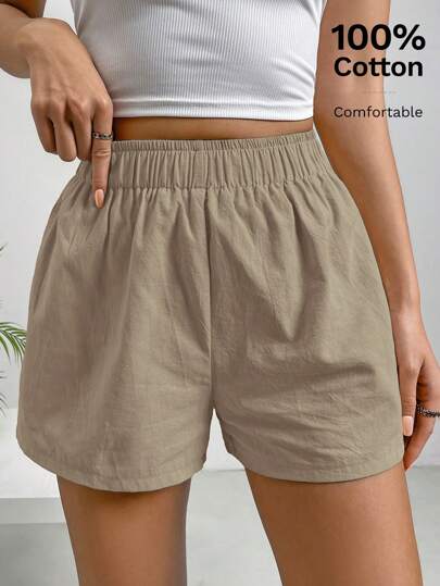 SHEIN EZwear Pantalones cortos de mujer de cintura elástica de color albaricoque sólido, moda primaveral