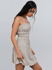 Athîral 女士碎花印花褶饰腰部罩衫连衣裙，夏季/度假/复活节 - 卡其色 - 查看 1