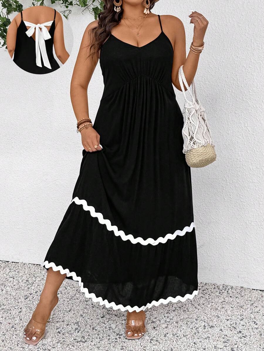 SHEIN Frenchy Plus Size Women Czarna Kontrastowa Sukienka Bez Rękawów Z Falbanką, Modna Sukienka Na Wyjście, Wiosna/Lato Nowość Boho/Bohema Sukienka z Siateczki Sukienka Na Studniówkę Sukienka Foral Damska Skromna Sukienka Wiosenna Eleganckie Sukienki Damskie Długa Sukienka Plażowa Strój Koncertowy Kobiety